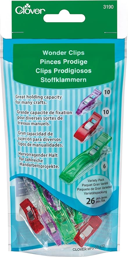 Clover Wonder Clips Variety Pack – 26 Pieces Assorted Sizes for Sewing, Quilting, and Craft Projects